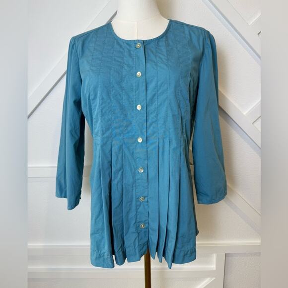 J. Jill 100% Cotton Button Up Pleated 3/4 Sleeve Blouse Aquamarine Teal Size XS - Picture 1 of 10